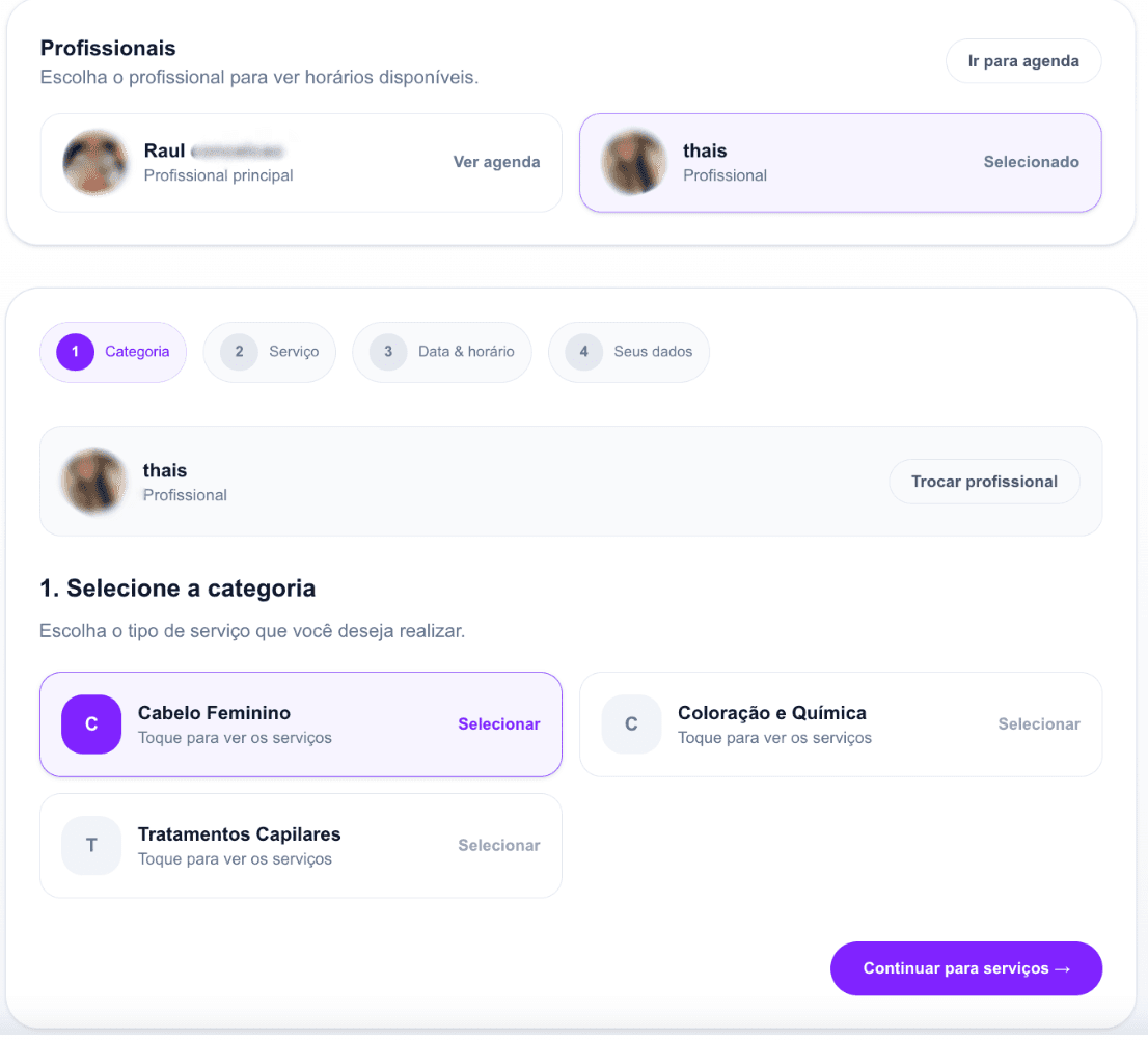 Passo 2: Profissional + categoria
